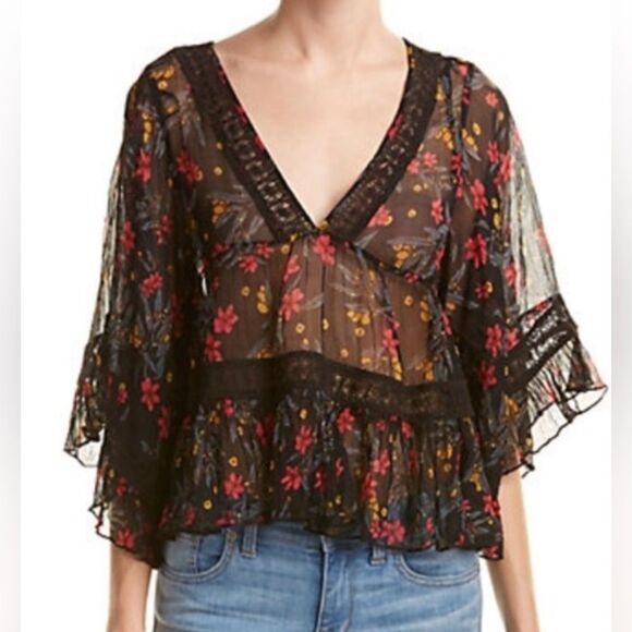 Free People Black Bright Lights Boho Whimsical Floral Blouse, size XS - Picture 9 of 9